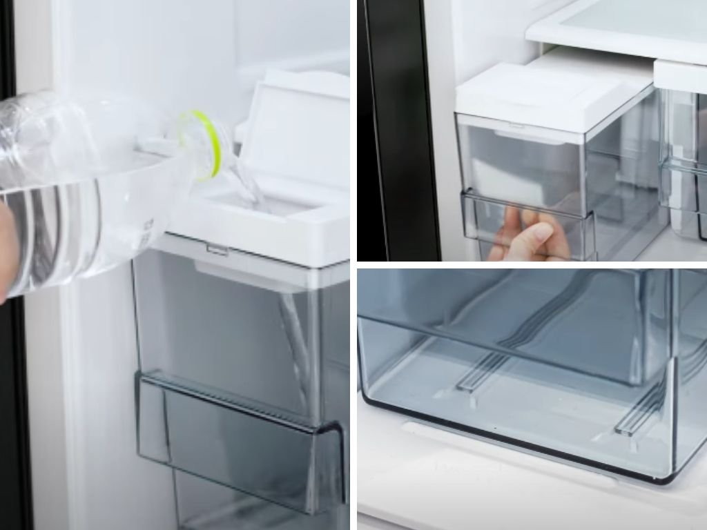 Đổ nước đúng cách vào hộp chứa chuyên dụng của tủ lạnh Hitachi để làm đá